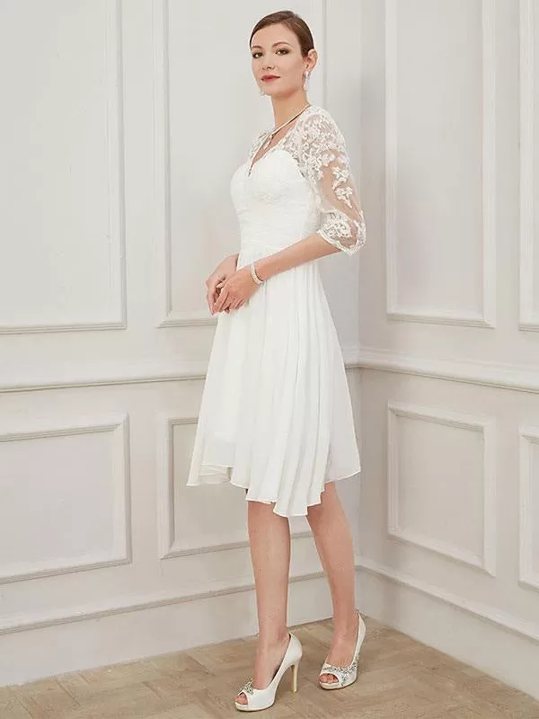 Ivory Short Wedding Dress Knee Length V Neck Half Sleeves A Line Natural Waist Chiffon Bridal Dresses