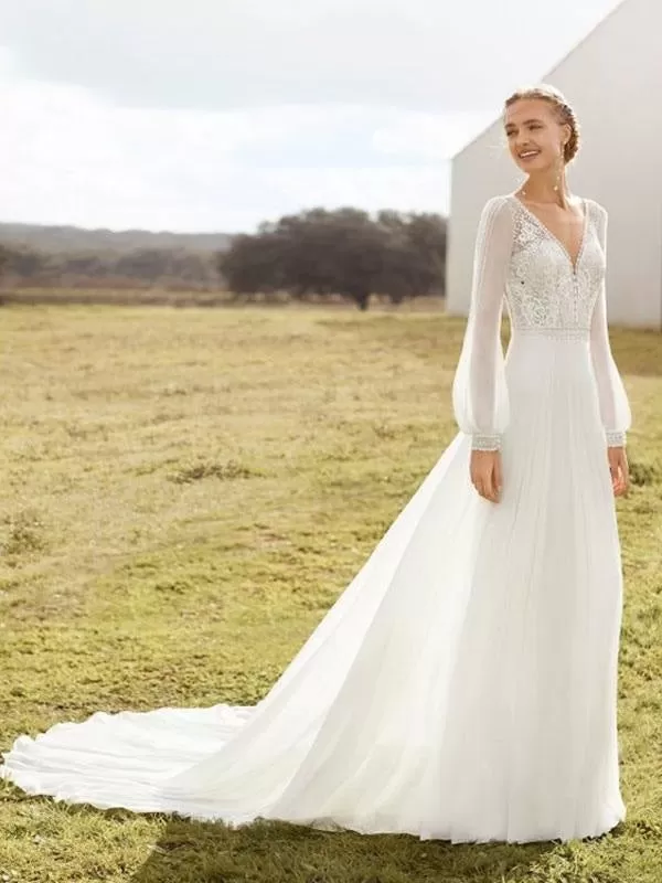 Ivory Simple Wedding Dress With Train A Line V Neck Long Sleeves Lace Bridal Gowns