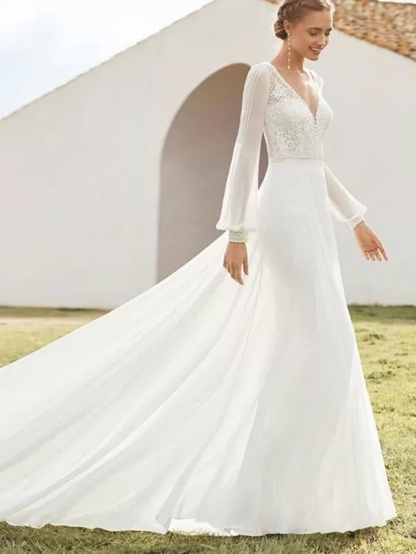 Ivory Simple Wedding Dress With Train A Line V Neck Long Sleeves Lace Bridal Gowns