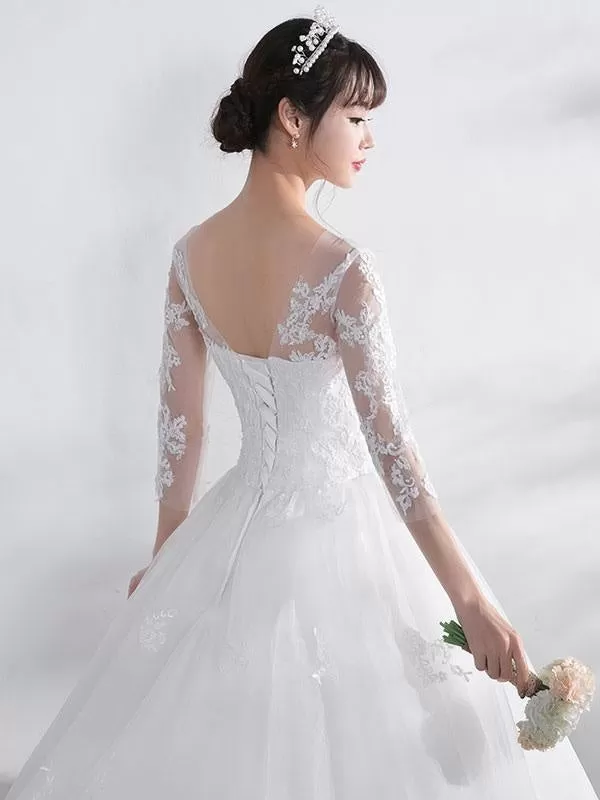 Ivory Wedding Dress Lace Applique Illusion Sweetheart Backless Half Sleeve A Line Chapel Train Bridal Dress