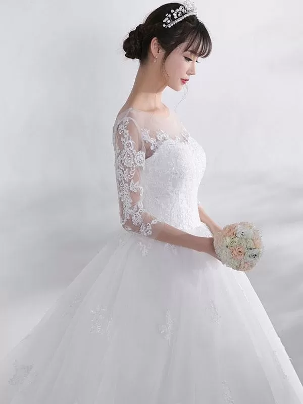 Ivory Wedding Dress Lace Applique Illusion Sweetheart Backless Half Sleeve A Line Chapel Train Bridal Dress