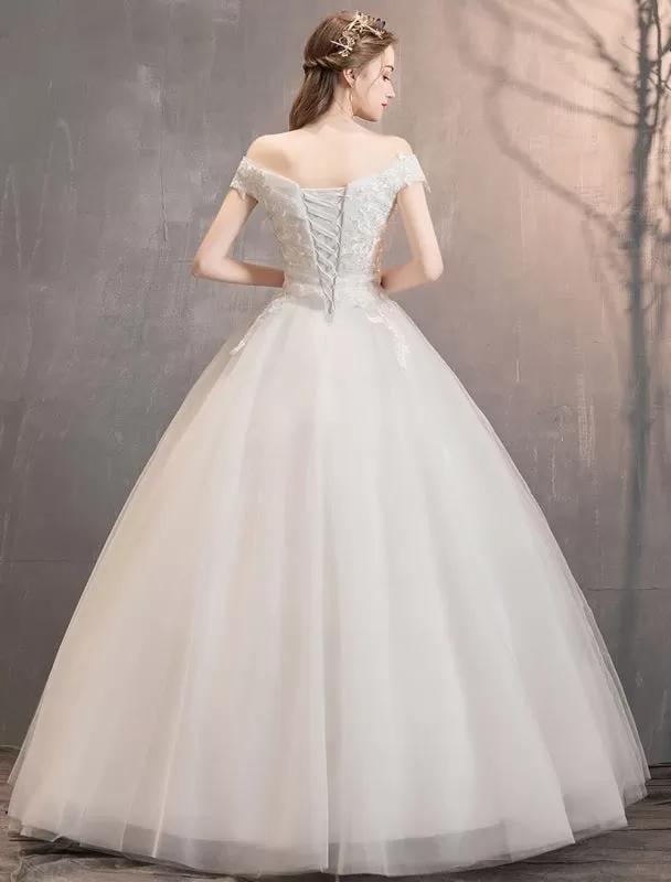 Ivory Wedding Dresses Tulle Off The Shoulder Lace Applique Floor Length Princess Bridal Gown