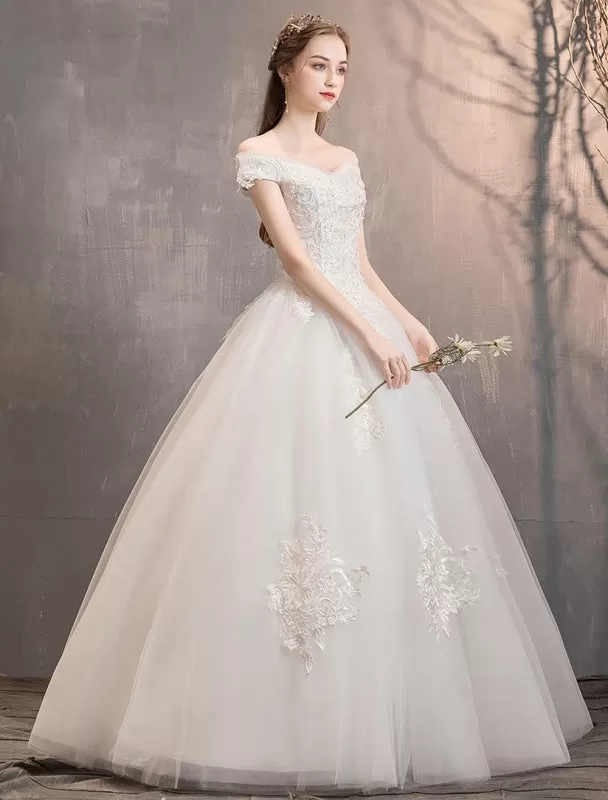 Ivory Wedding Dresses Tulle Off The Shoulder Lace Applique Floor Length Princess Bridal Gown