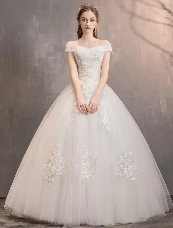 Ivory Wedding Dresses Tulle Off The Shoulder Lace Applique Floor Length Princess Bridal Gown