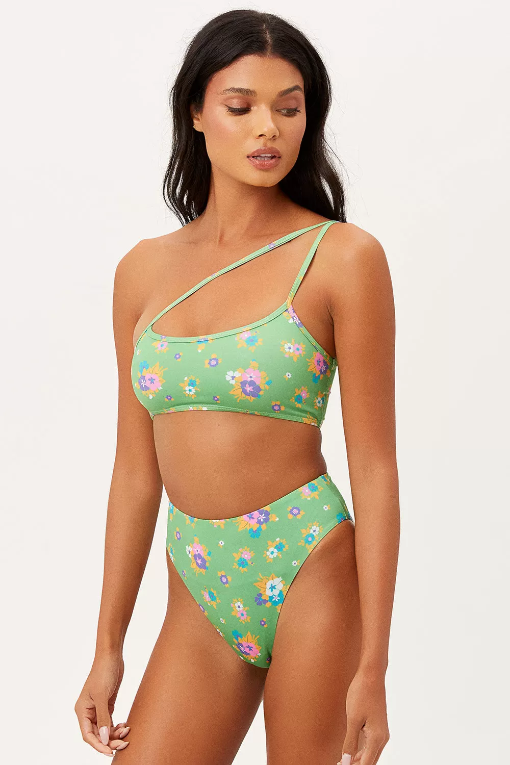 Jenna High Waist High Cut Bikini Bottom - Meadow