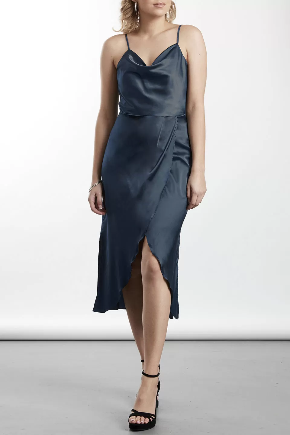 Jet Setter Cowl Neck Petrol Satin Tulip Midi Dress