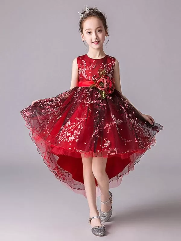 Jewel Neck Sleeveless Hi-Lo Flower Girl Dresses Formal Kids Pageant Dresses with Bow