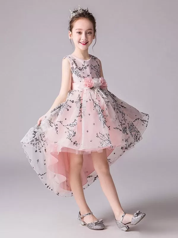 Jewel Neck Sleeveless Hi-Lo Flower Girl Dresses Formal Kids Pageant Dresses with Bow