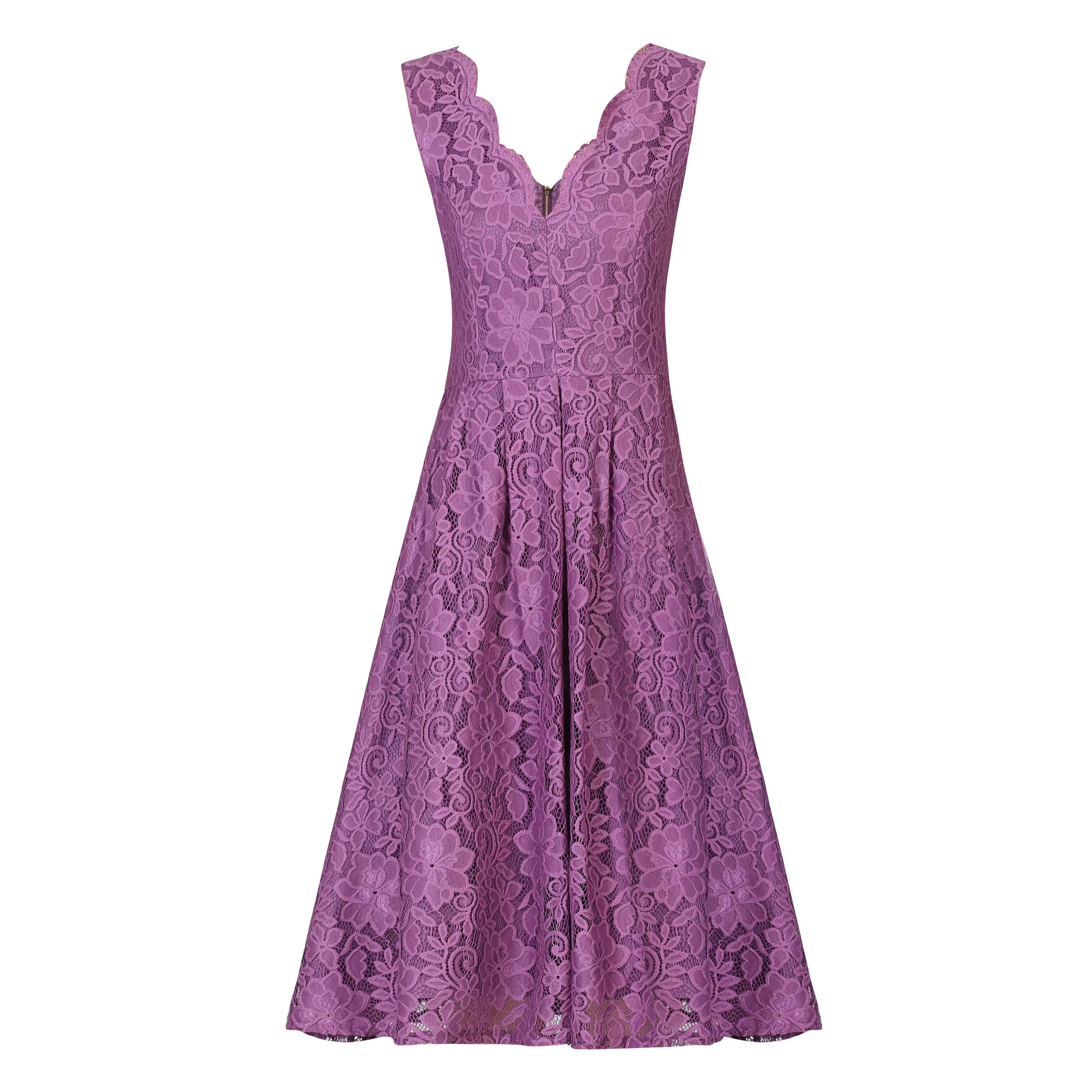 Jolie Moi Dark Mauve Purple Embroidered Lace Sleeveless V Neck 50s Swing Dress