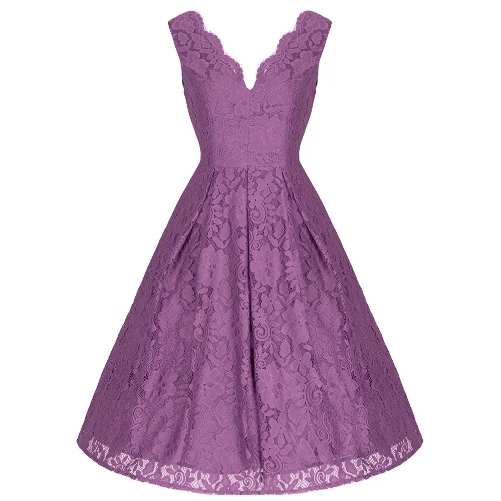 Jolie Moi Dark Mauve Purple Embroidered Lace Sleeveless V Neck 50s Swing Dress