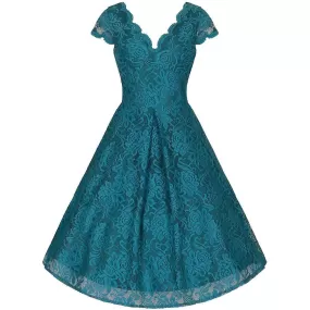 Jolie Moi Teal Lace Embroidered Cap Sleeve Swing Dress