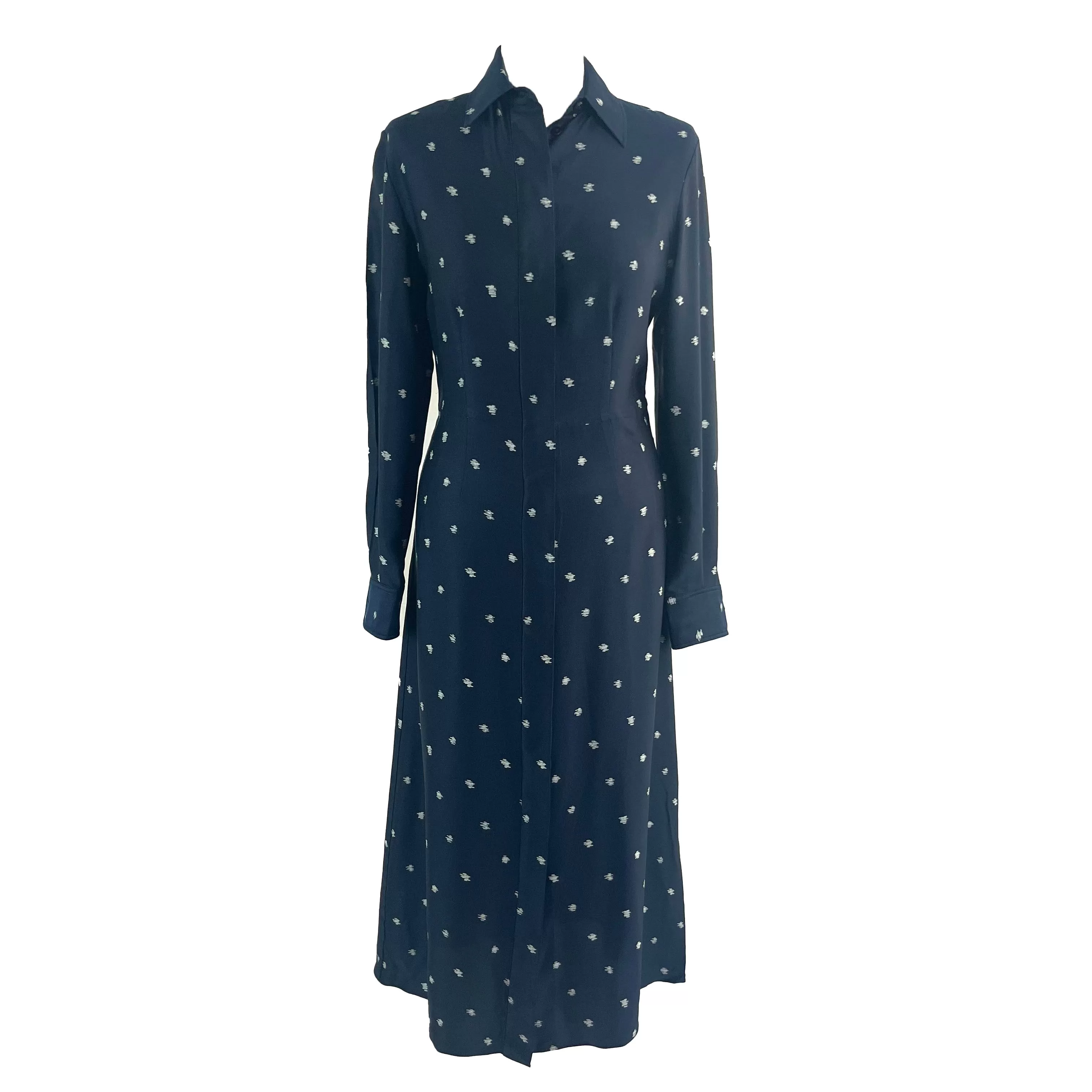 Joseph Navy Silk Scribble Spot Turner Shirtdress XS