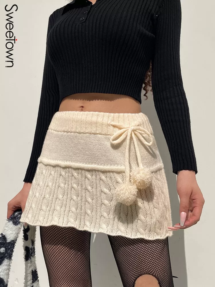 Knitted Low Waist Y2K Short Skirt Preppy Style Cute Girl Streetwear Aesthetic Fairycore Drawstring Womens Skirts