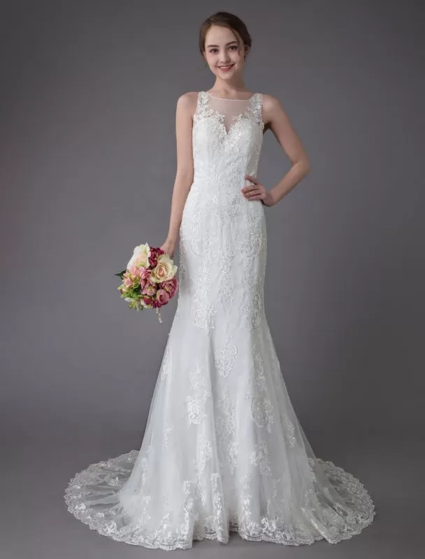 Lace Wedding Dress Ivory Illusion Neckline Sleeveless Chain Beach Wedding Dress Mermaid Bridal Gowns With Train Exclusive