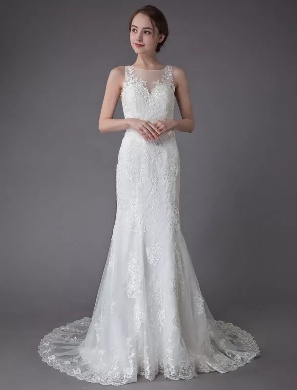 Lace Wedding Dress Ivory Illusion Neckline Sleeveless Chain Beach Wedding Dress Mermaid Bridal Gowns With Train Exclusive