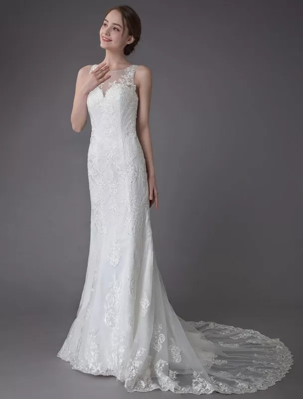 Lace Wedding Dress Ivory Illusion Neckline Sleeveless Chain Beach Wedding Dress Mermaid Bridal Gowns With Train Exclusive