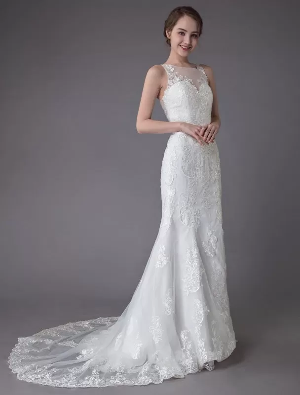 Lace Wedding Dress Ivory Illusion Neckline Sleeveless Chain Beach Wedding Dress Mermaid Bridal Gowns With Train Exclusive