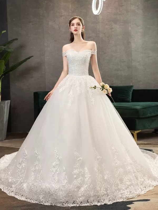 Lace Wedding Dresses Ivory Lace Applique Off The Shoulder Short Sleeve Princess Bridal Gown With Train