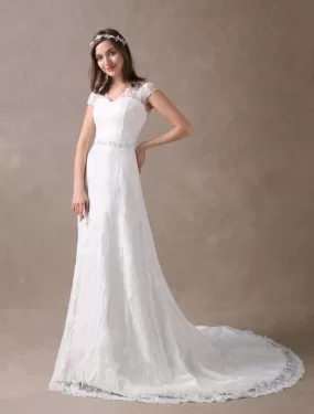 Lace Wedding Dresses Ivory V Neck Chiffon Beading Sash Cap Sleeve Bridal Dress With Train Exclusive