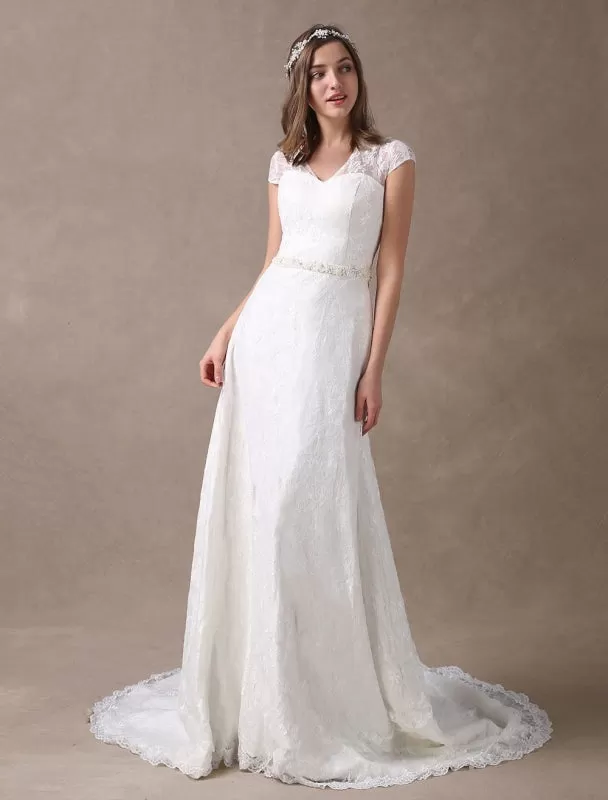 Lace Wedding Dresses Ivory V Neck Chiffon Beading Sash Cap Sleeve Bridal Dress With Train Exclusive