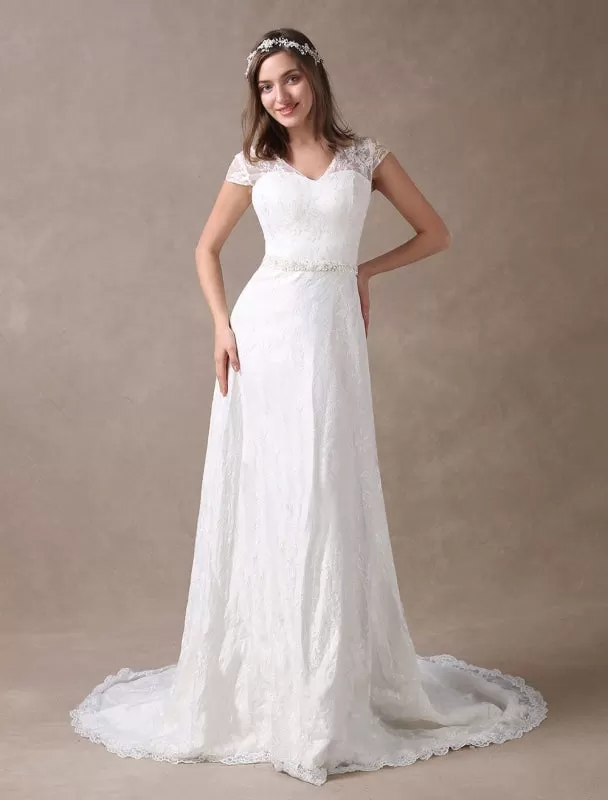 Lace Wedding Dresses Ivory V Neck Chiffon Beading Sash Cap Sleeve Bridal Dress With Train Exclusive