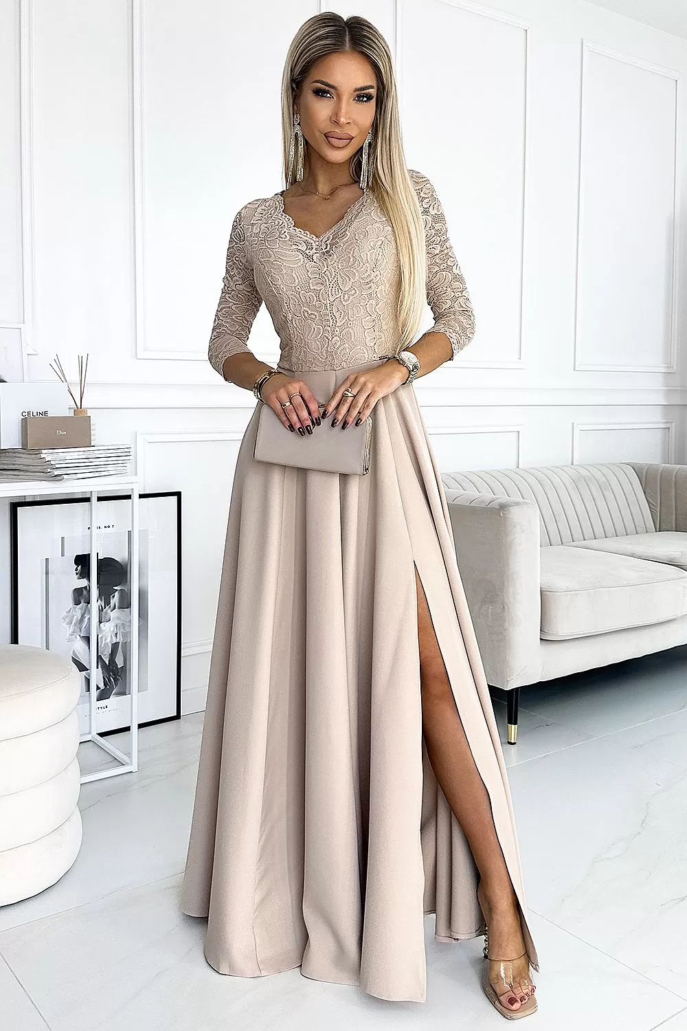 Laced Evening Maxi Dress in Beige