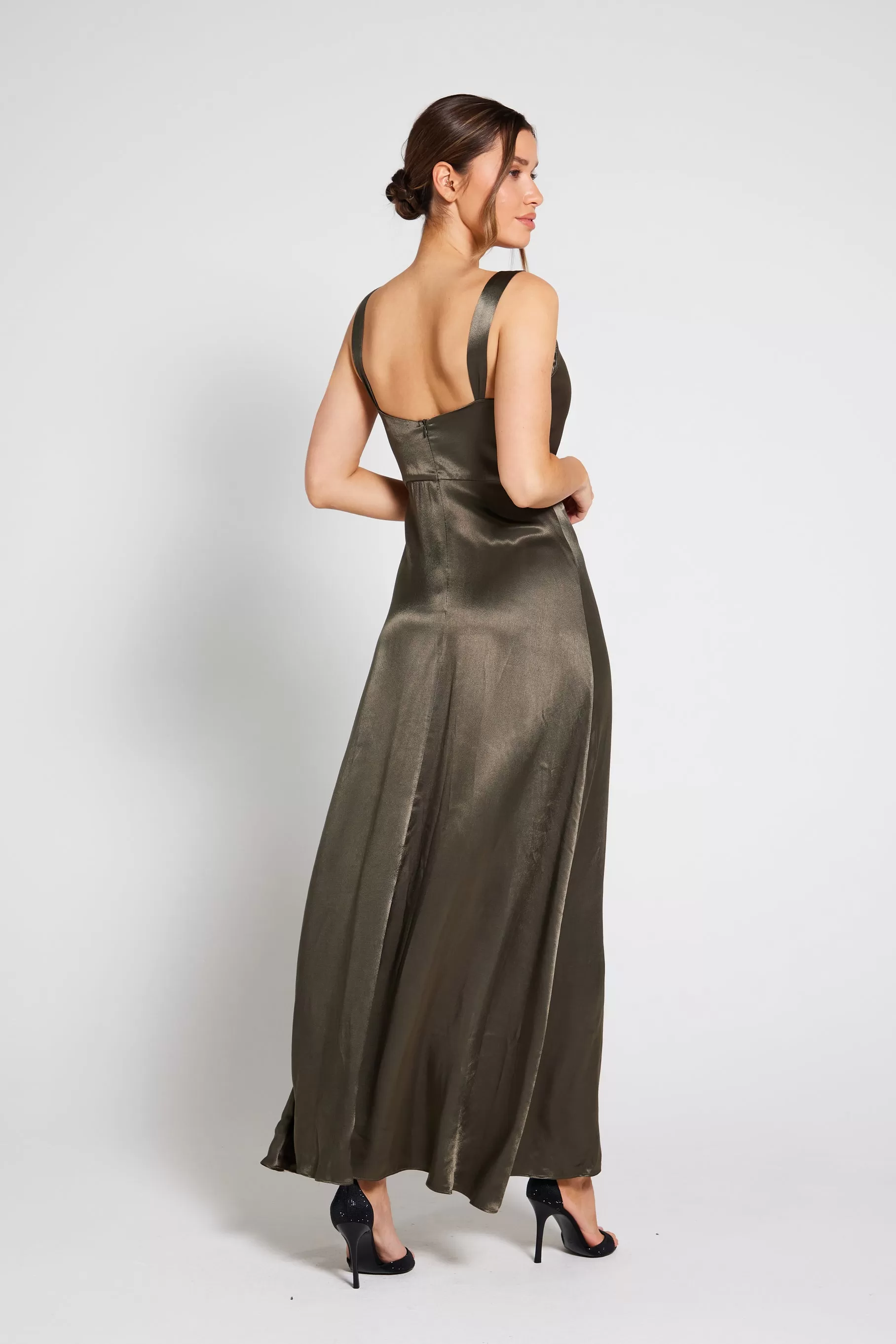 Layla Cami Satin Maxi Gown Dress - Dark Olive