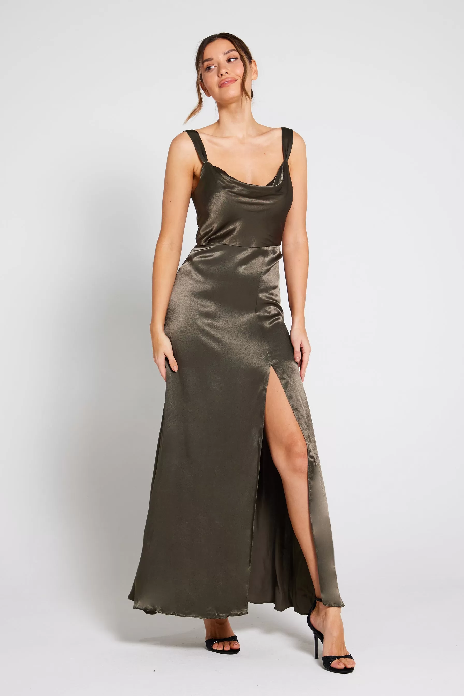 Layla Cami Satin Maxi Gown Dress - Dark Olive