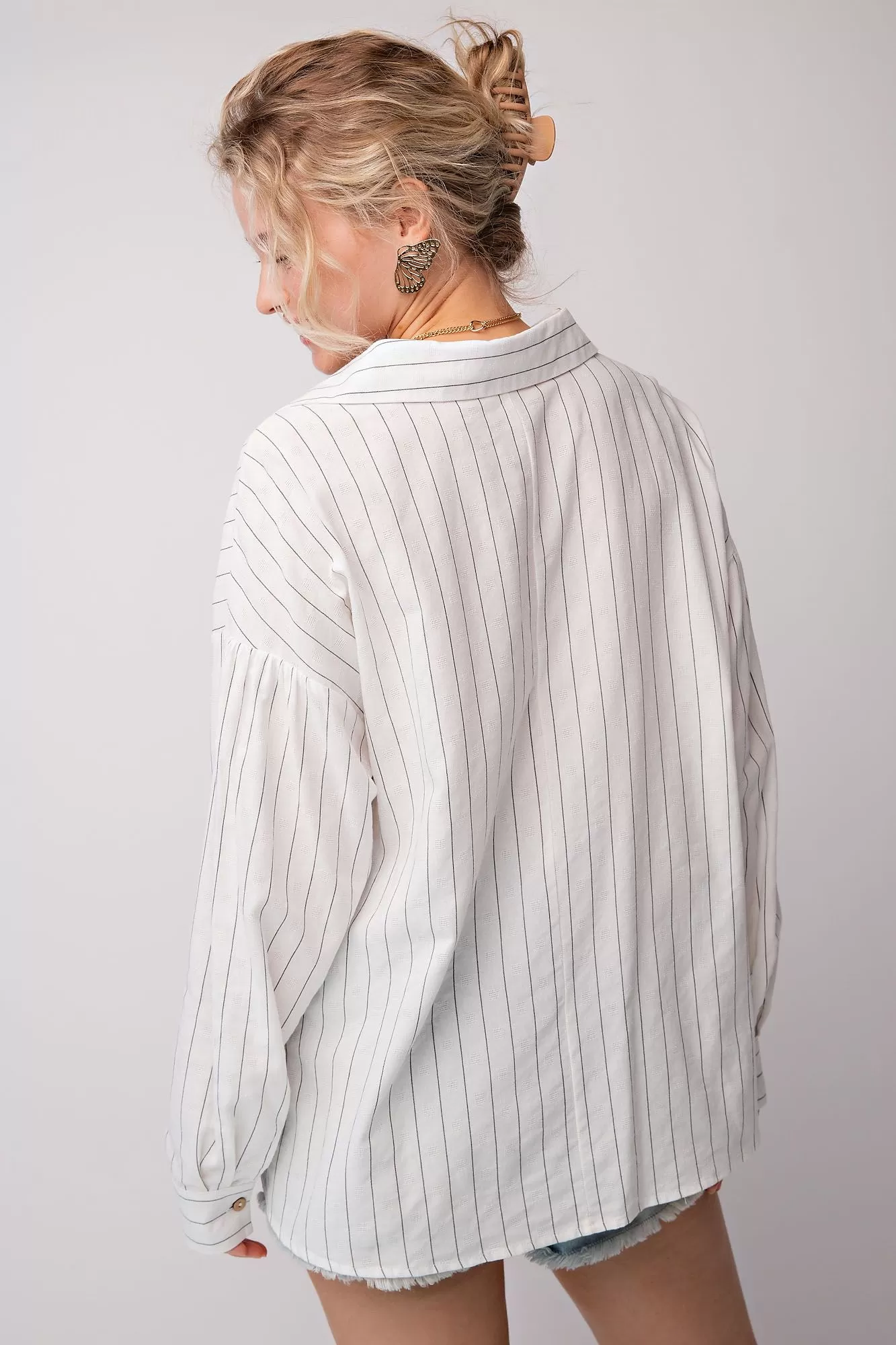 Linen Pinstripe Twisted Button Down Top