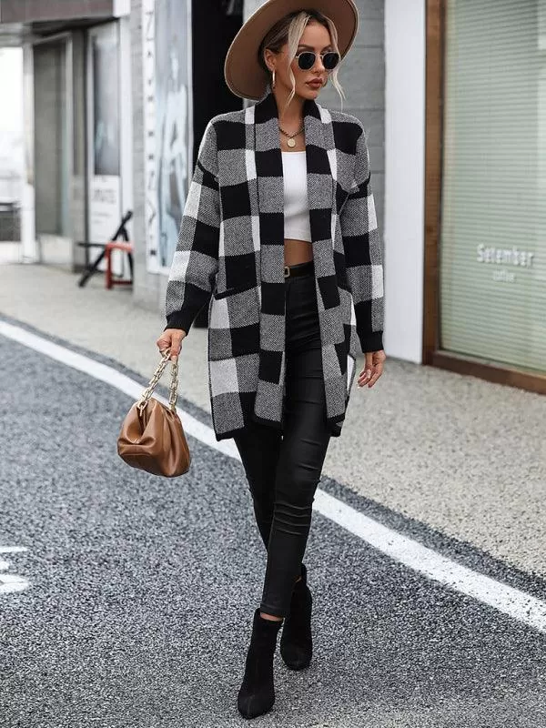 Loose Plaid Color Block Knit Cardigan Sweater