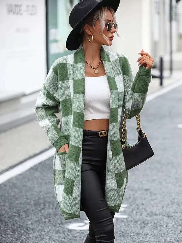 Loose Plaid Color Block Knit Cardigan Sweater