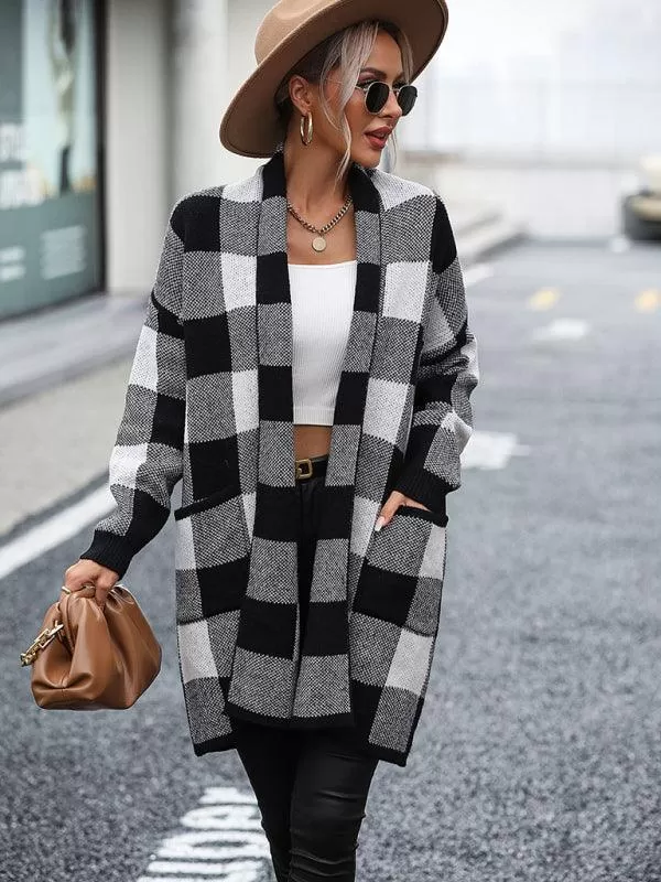 Loose Plaid Color Block Knit Cardigan Sweater