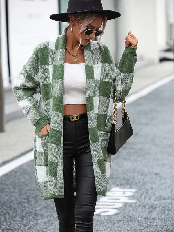 Loose Plaid Color Block Knit Cardigan Sweater