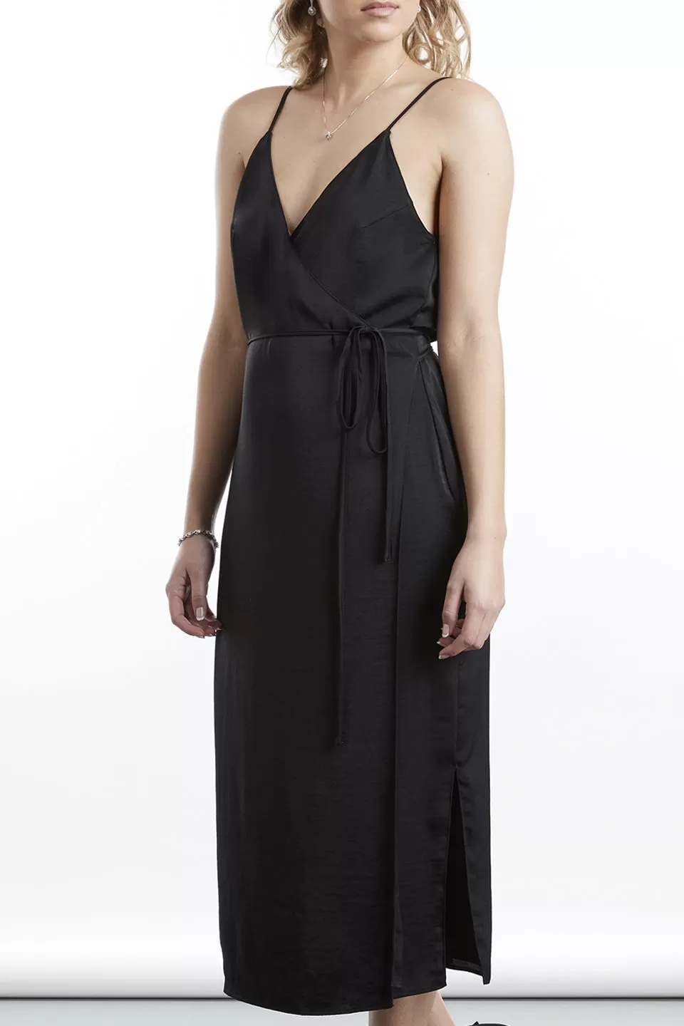 Lover Strappy Wrap Black Satin Midi Dress