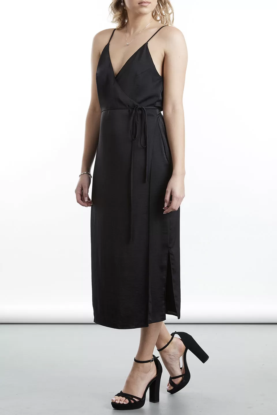 Lover Strappy Wrap Black Satin Midi Dress