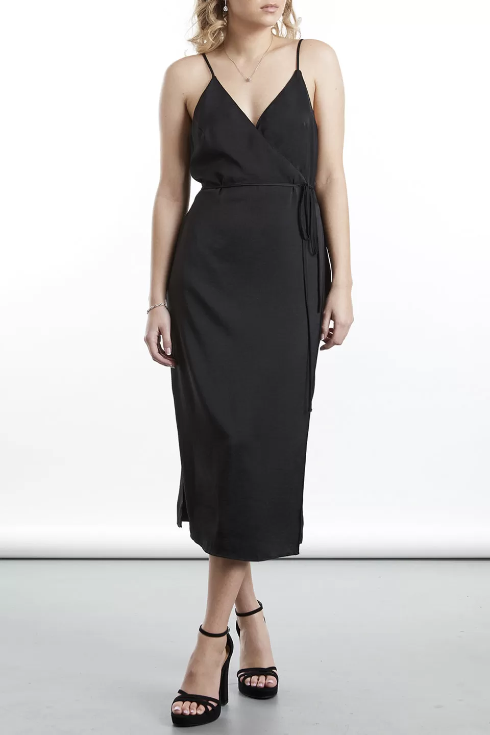 Lover Strappy Wrap Black Satin Midi Dress