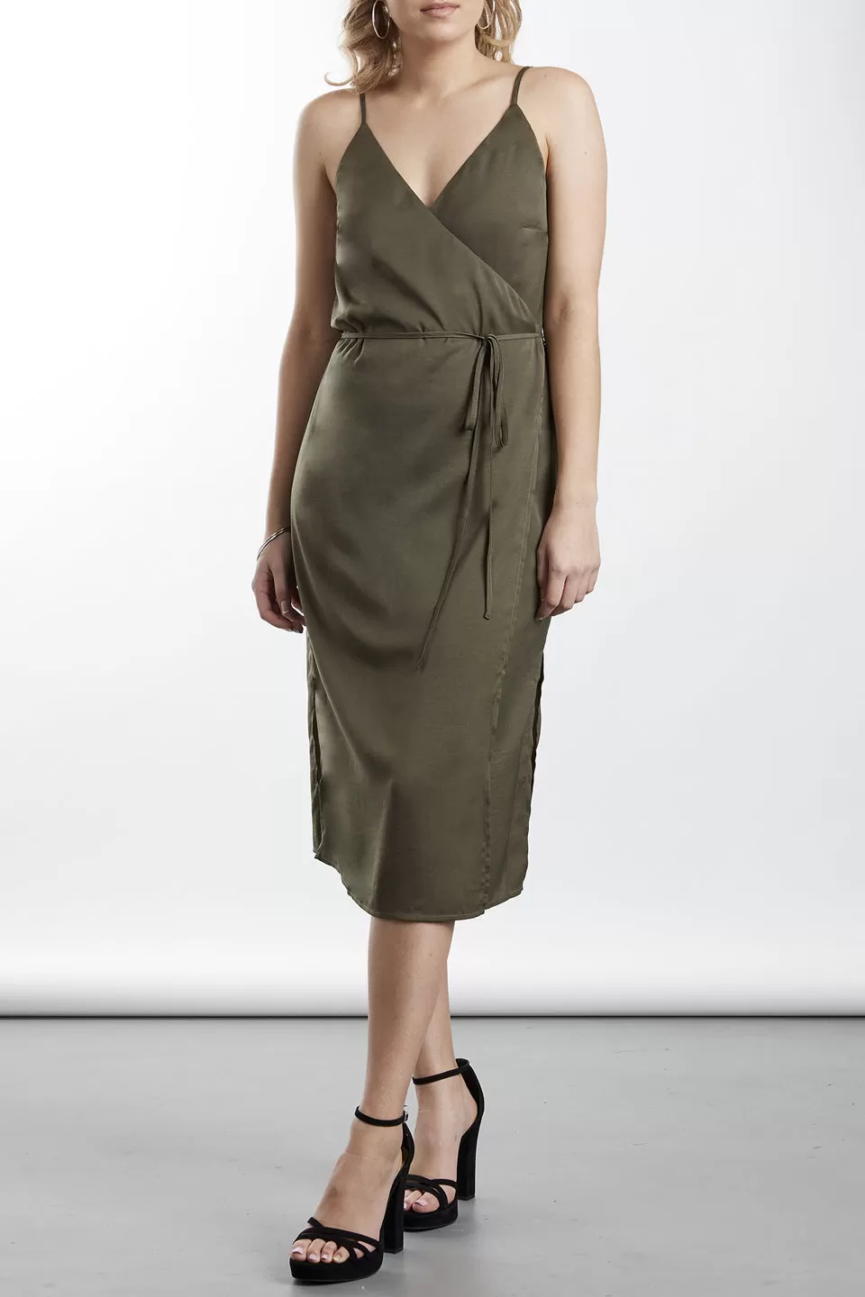 Lover Strappy Wrap Khaki Satin Midi Dress