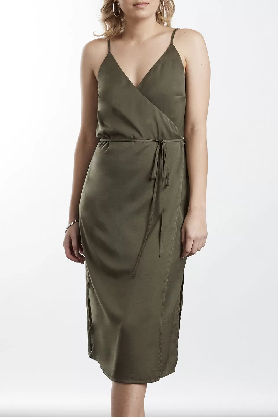 Lover Strappy Wrap Khaki Satin Midi Dress