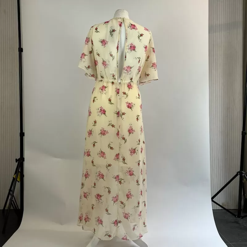 Maje Vanilla Rose Print Chiffon Cap Sleeve Maxi Dress S