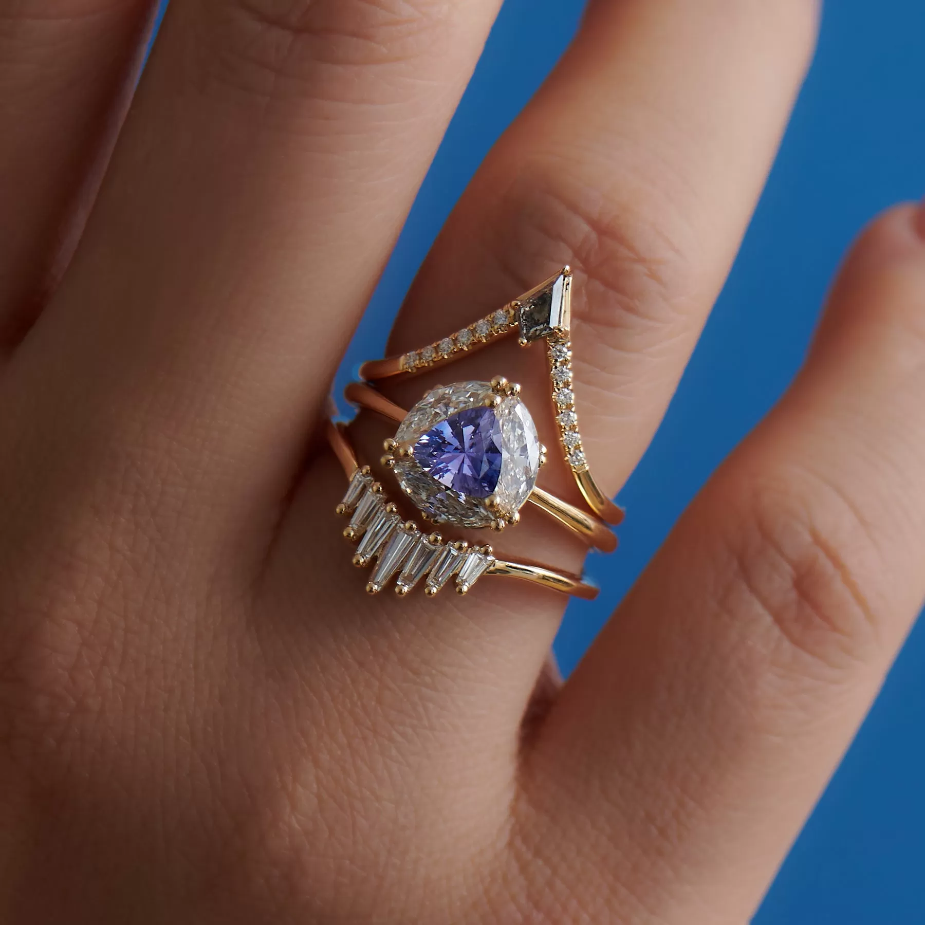 Marquise Diamond & Purple Trillion Sapphire Engagement Ring