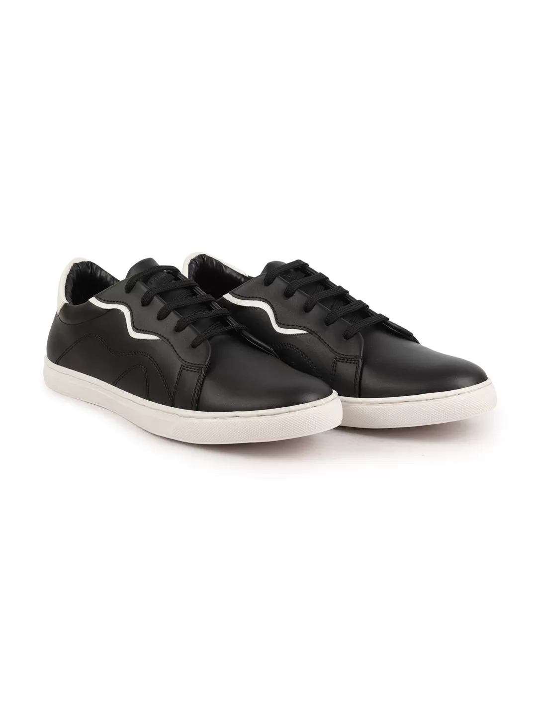 Men Black Classic Lace Up Elevated Look Sneaker Shoes with Contrast Sole|Low Ankle|Casual Shoe