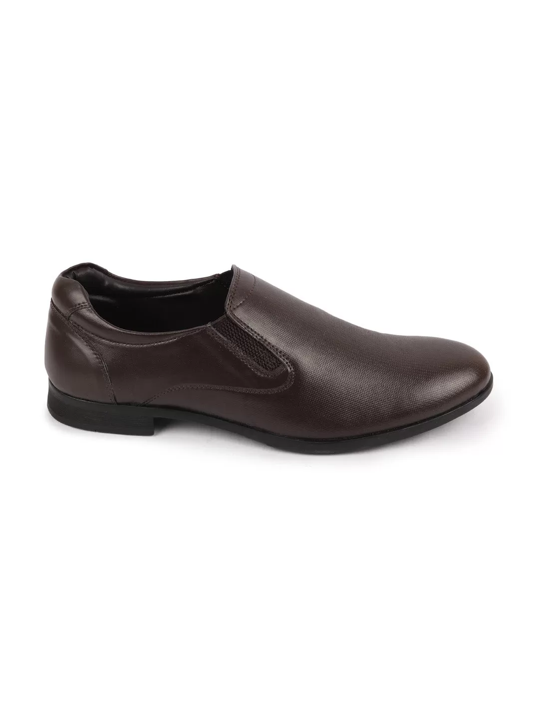 Men Brown Formal Office Textured Design Side Stitched Genuine Leather Slip On Shoes