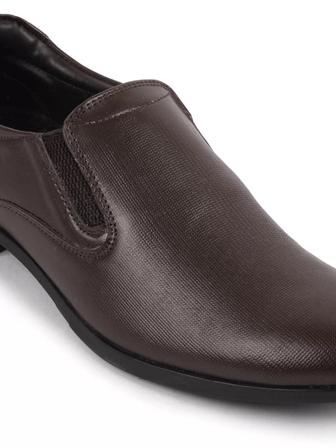 Men Brown Formal Office Textured Design Side Stitched Genuine Leather Slip On Shoes