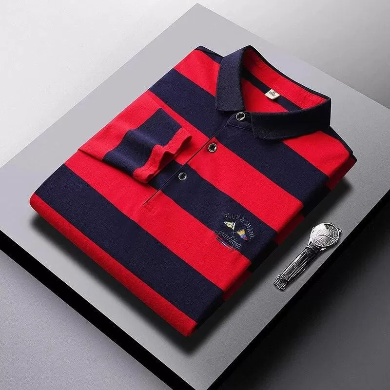 Men Cotton Embroidered Striped Polo