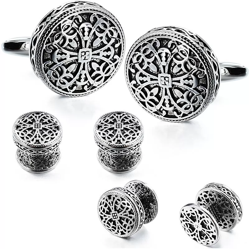 Men Retro Flower Vintage Tie Clips Cufflinks Studs Set Wedding Business Gifts