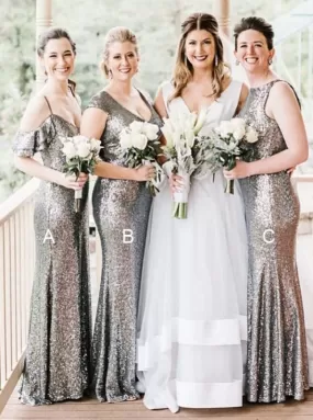 Mermaid Cold Shoulder Silver Sequined Bridesmaid Dress