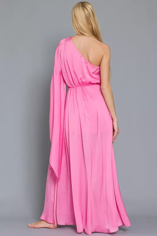 Merope Angel Sleeve One Shoulder Maxi Dress Gown - Pink