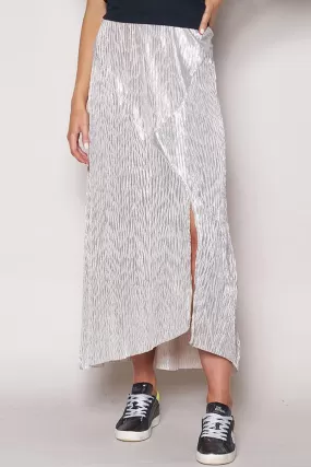 Metallic Silver Pleated Midi Skirt