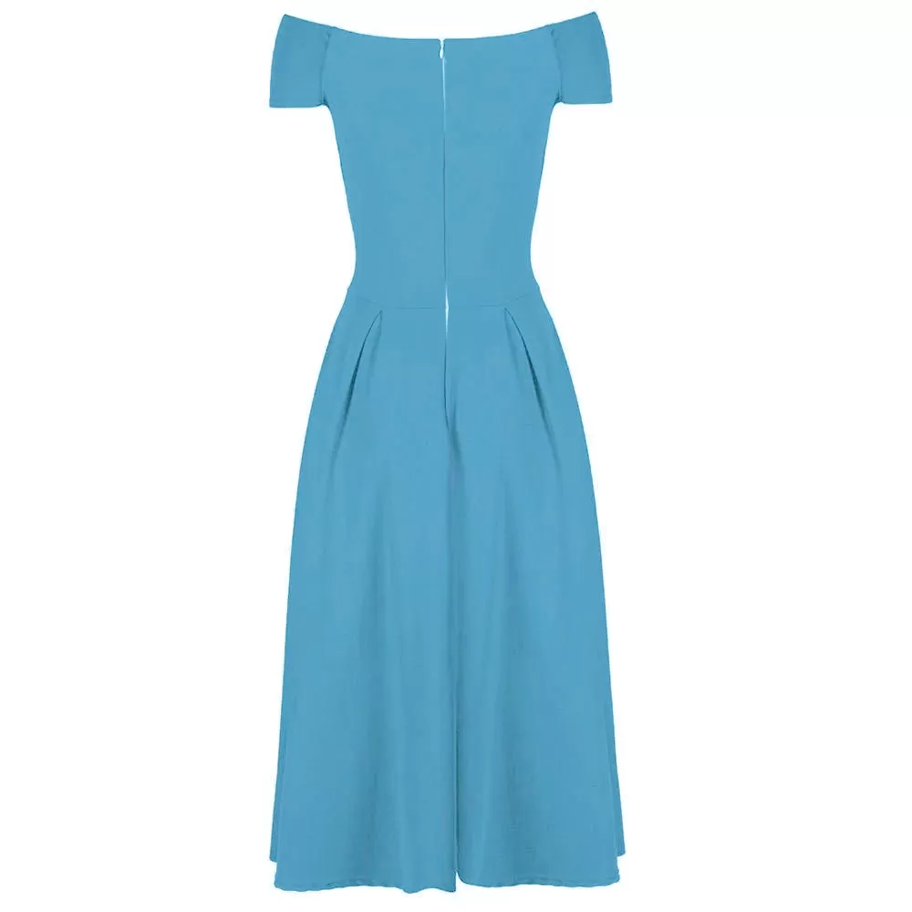 Mid Blue Crossover Vintage Bardot 50s Swing Dress