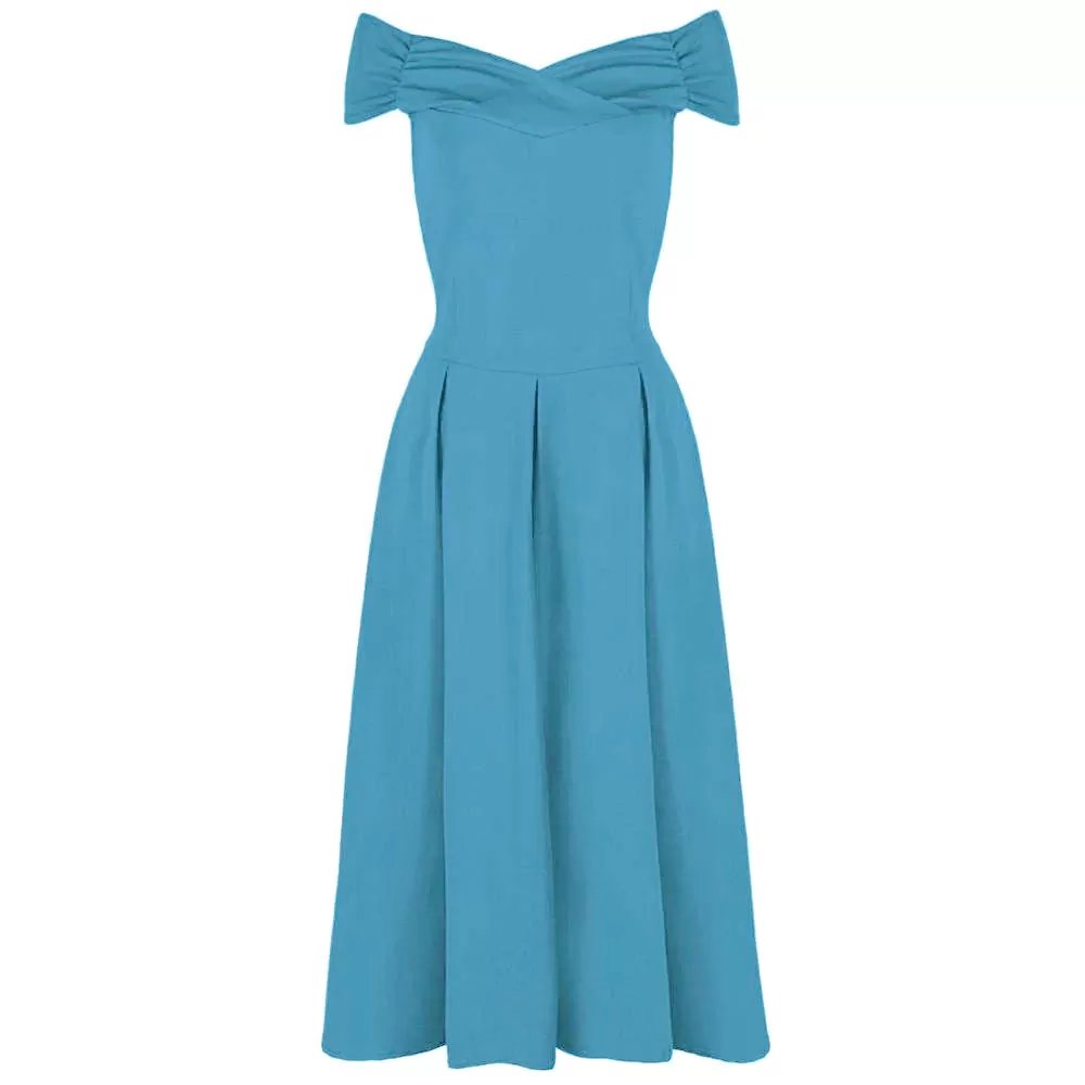 Mid Blue Crossover Vintage Bardot 50s Swing Dress